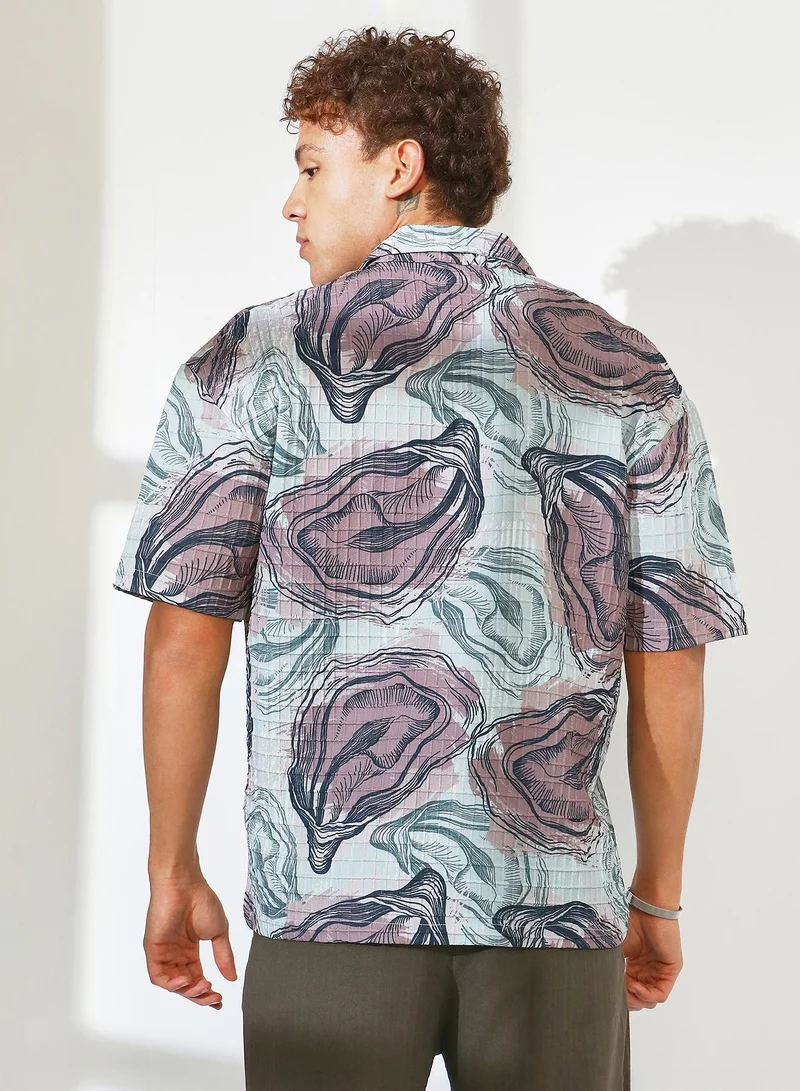 Campus Sutra  Men's Sea Green & Nude Pink Oceanic Oversized Shirt for Men | Best Price UAE