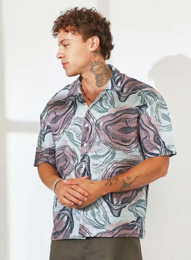 Campus Sutra  Men's Sea Green & Nude Pink Oceanic Oversized Shirt for Men | Best Price UAE