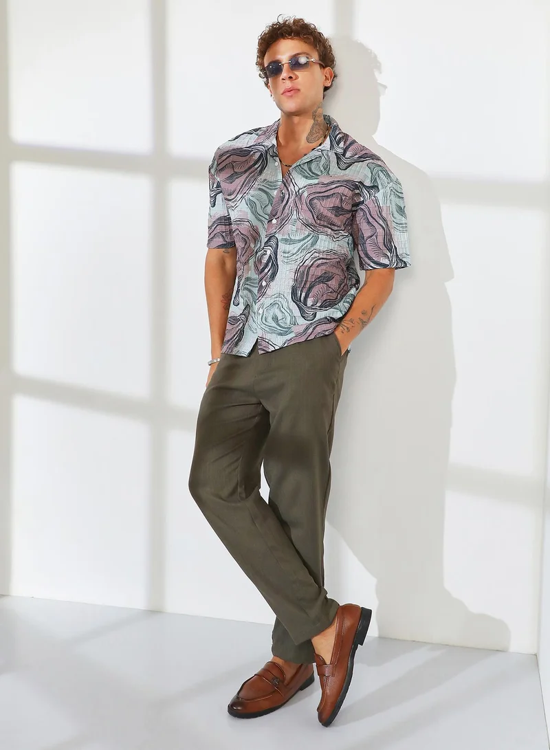 Campus Sutra  Men's Sea Green & Nude Pink Oceanic Oversized Shirt for Men | Best Price UAE
