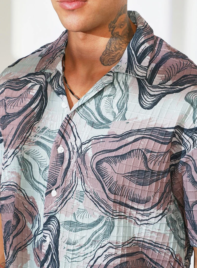 Campus Sutra  Men's Sea Green & Nude Pink Oceanic Oversized Shirt for Men | Best Price UAE