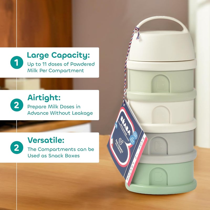 Baba Beaba Stacked Formula Container - Airtight Multifunctional Storage Container for Storing Milk Powder and Baby Food, 4 Interchangeable Compartments, Microwave Safe, Travel Friendly, Cotton & Sage Green - Image 4