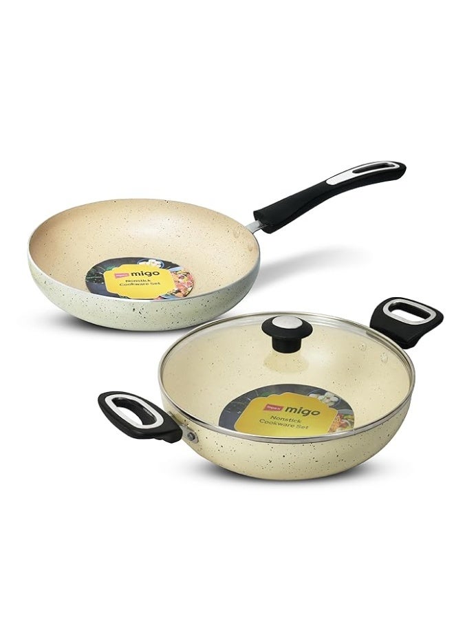 Impex Migo Nonstick Cookware Set | 2 Pcs Induction Bottom With 3 mm Thickness | Aluminium With Granite Finish | 5 Layer Super Granite Coating | PFOA Free | 1 Year Warranty - Image 1