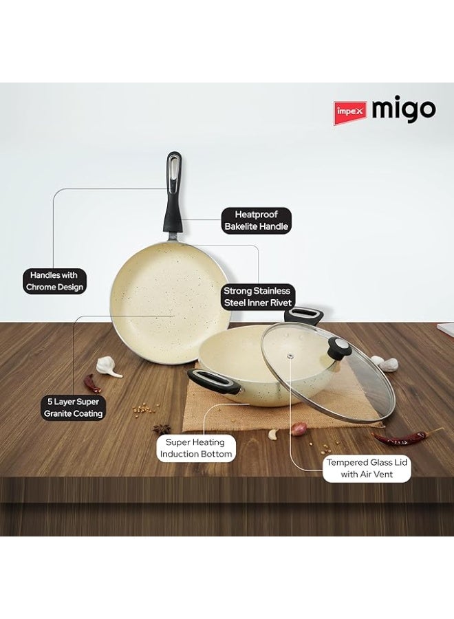 Impex Migo Nonstick Cookware Set | 2 Pcs Induction Bottom With 3 mm Thickness | Aluminium With Granite Finish | 5 Layer Super Granite Coating | PFOA Free | 1 Year Warranty - Image 4