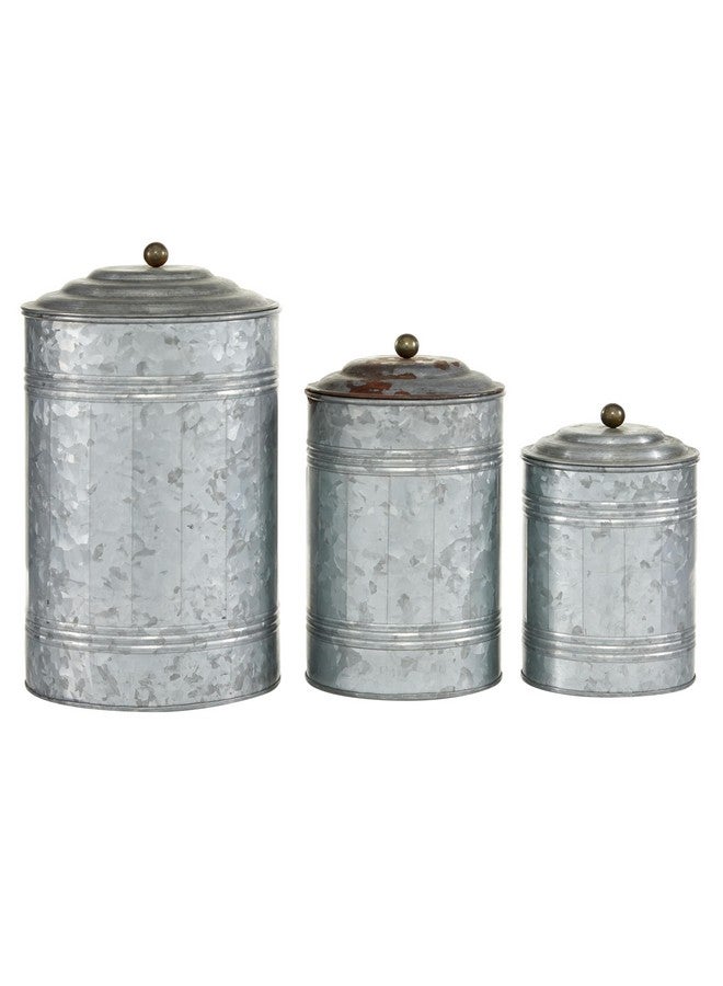ديكو 79 مجموعة ديكو 79 من برطمانات ديكور معدنية لغرفة المعيشة، حاوية ديكورية مضلعة مجلفنة بمقابض كروية ذهبية، مجموعة من 3 برطمانات بغطاء، 12 بوصة، 9 بوصة، ارتفاع 8 بوصة، لون رمادي - Image 1