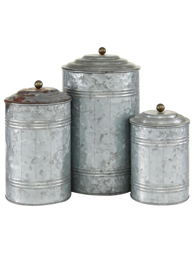 ديكو 79 مجموعة ديكو 79 من برطمانات ديكور معدنية لغرفة المعيشة، حاوية ديكورية مضلعة مجلفنة بمقابض كروية ذهبية، مجموعة من 3 برطمانات بغطاء، 12 بوصة، 9 بوصة، ارتفاع 8 بوصة، لون رمادي - Image 2