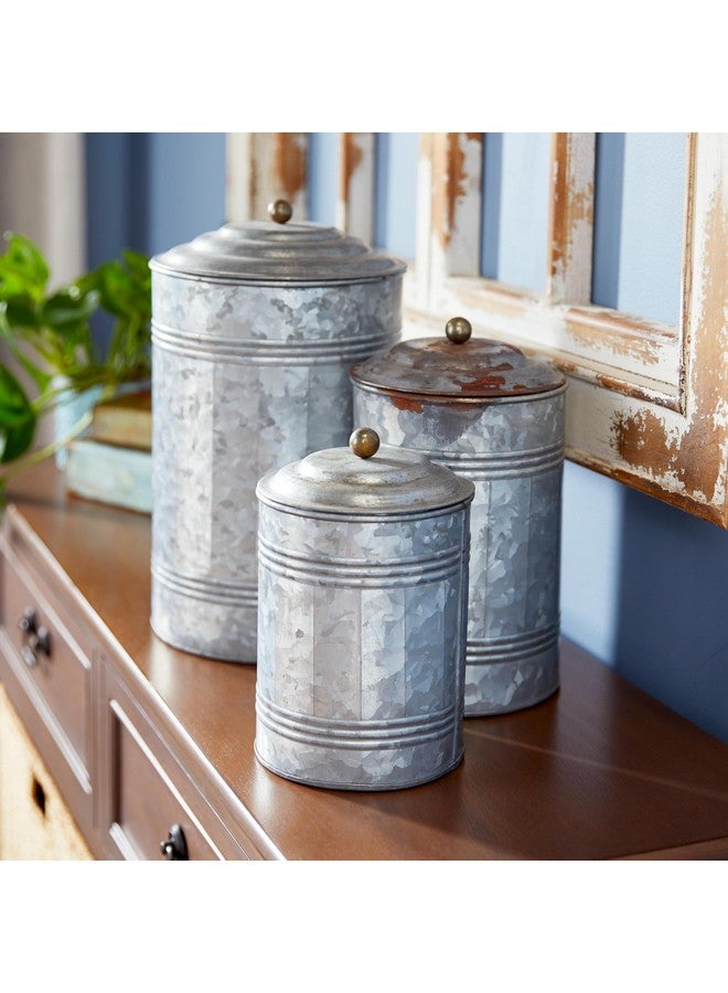 ديكو 79 مجموعة ديكو 79 من برطمانات ديكور معدنية لغرفة المعيشة، حاوية ديكورية مضلعة مجلفنة بمقابض كروية ذهبية، مجموعة من 3 برطمانات بغطاء، 12 بوصة، 9 بوصة، ارتفاع 8 بوصة، لون رمادي - Image 5