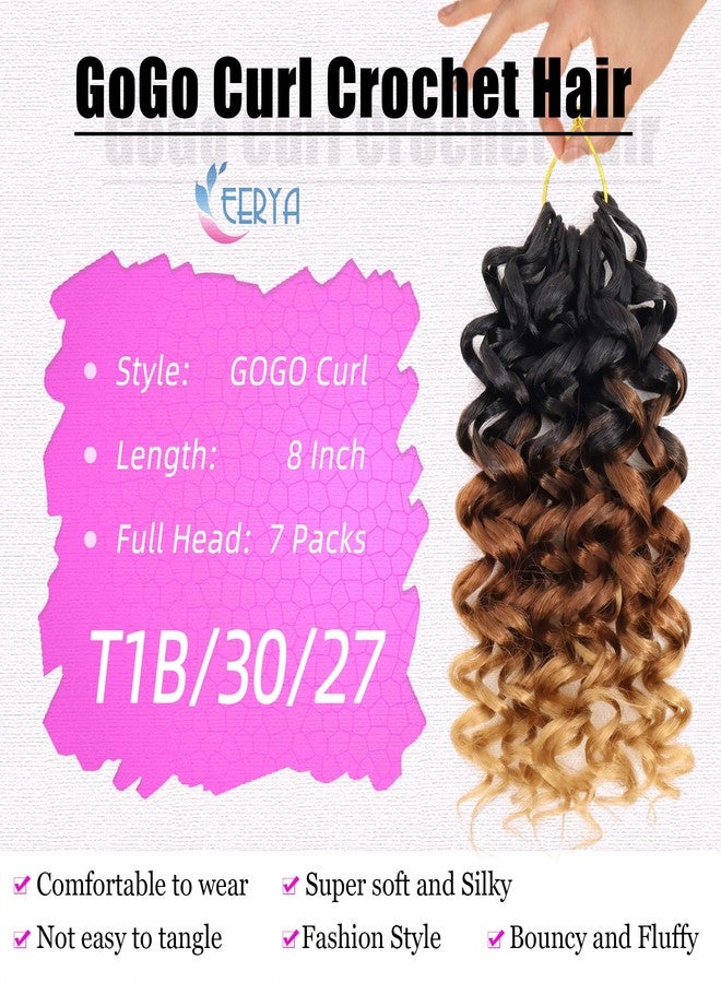 Eerya 7 Packs GoGo Curl Crochet Hair 8 Inch Short Curly Crochet Hair for Women Deep Wave Beach Curl Crochet Braids Synthetic Braiding Hair Extensions(8 Inch, T1B/30/27) - Image 2