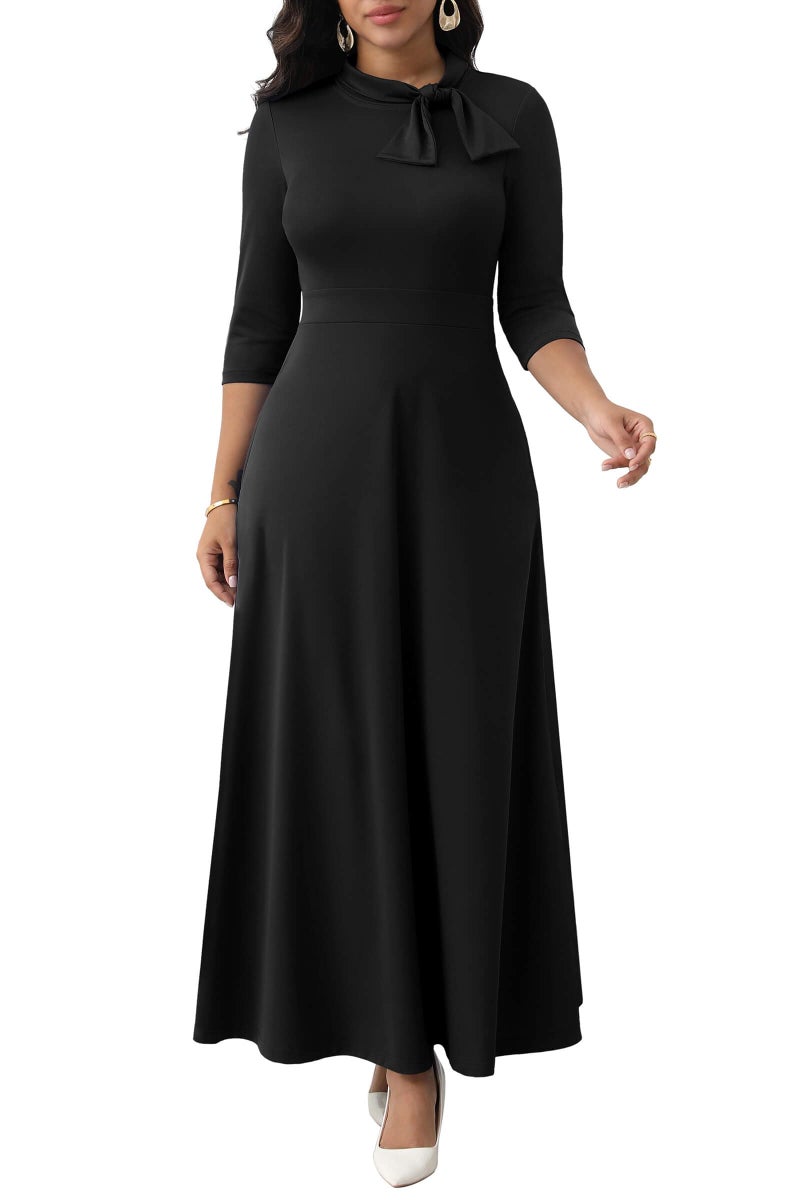 FANDEE Maxi Dress for Women Long Elegant A Line 3/4 Sleeve Bow Tie Neck Casual Party Church Dresses with Pockets Black L - Image 1