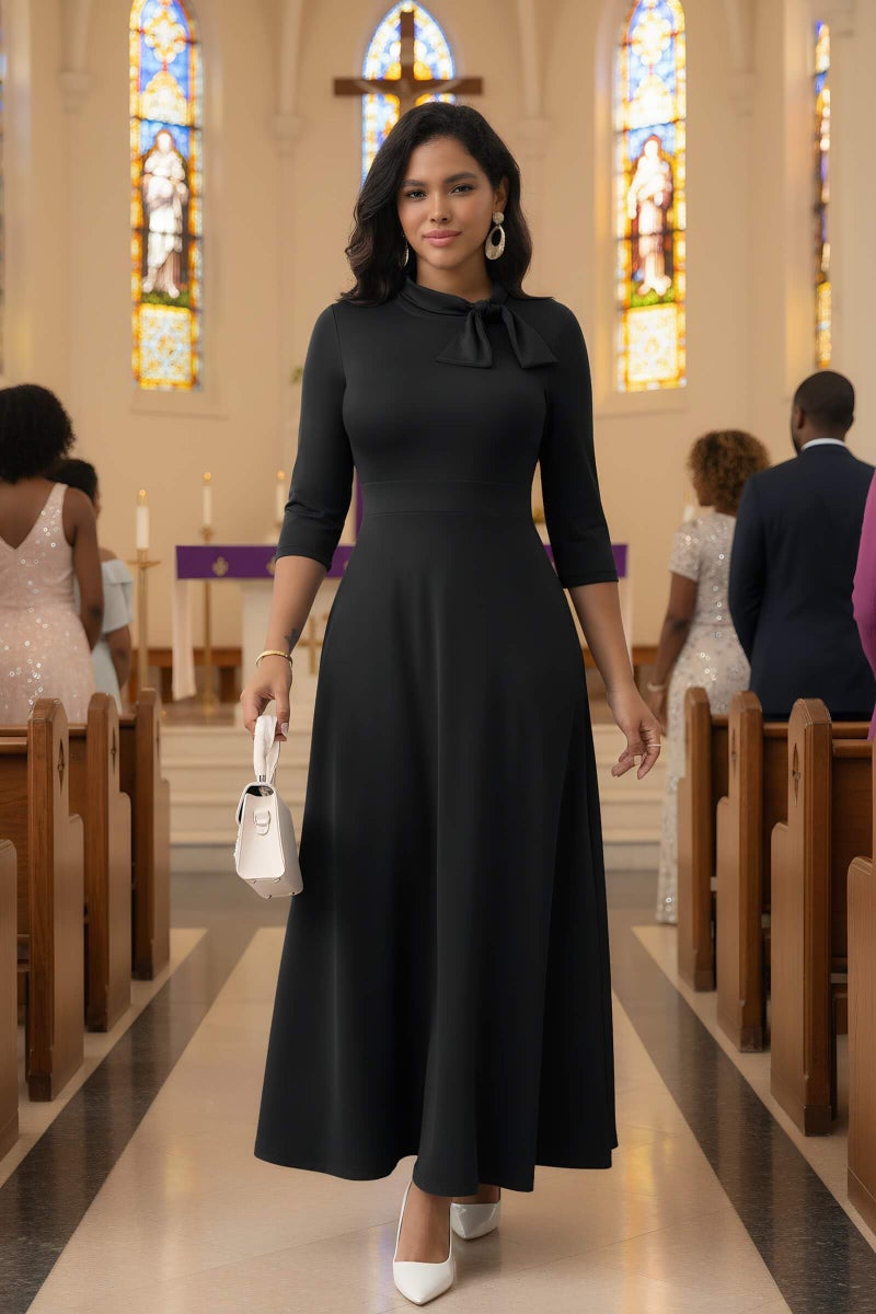 FANDEE Maxi Dress for Women Long Elegant A Line 3/4 Sleeve Bow Tie Neck Casual Party Church Dresses with Pockets Black L - Image 2