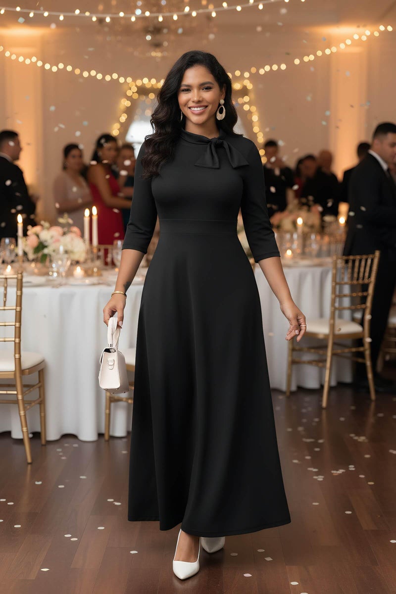 FANDEE Maxi Dress for Women Long Elegant A Line 3/4 Sleeve Bow Tie Neck Casual Party Church Dresses with Pockets Black L - Image 3