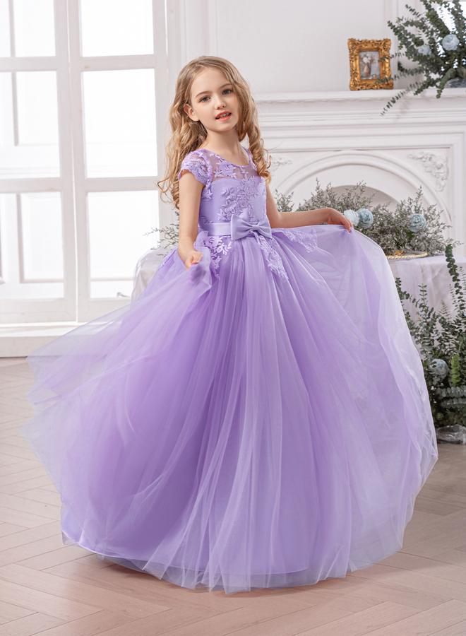 Take Two Girl Floral Lace Bow Detail Mesh Maxi Party Dress - Image 3