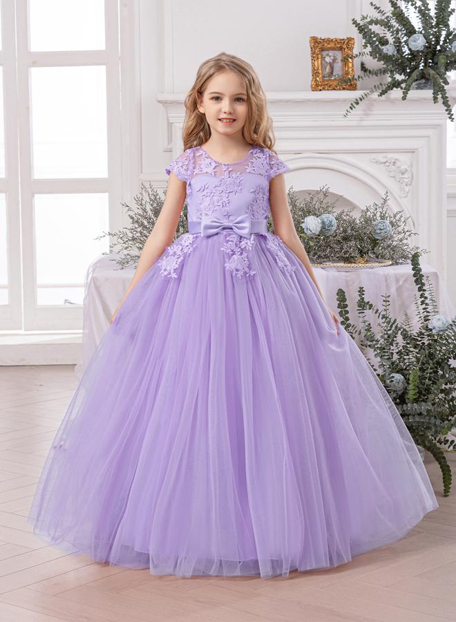 Take Two Girl Floral Lace Bow Detail Mesh Maxi Party Dress - Image 1
