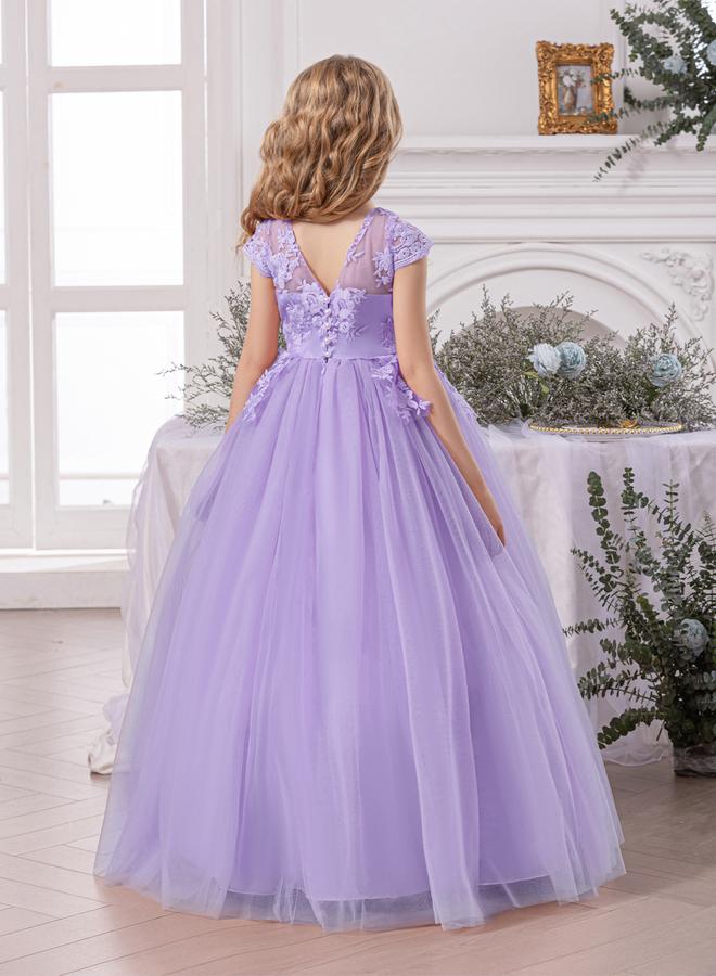 Take Two Girl Floral Lace Bow Detail Mesh Maxi Party Dress - Image 4