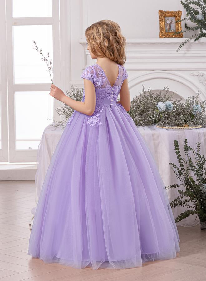 Take Two Girl Floral Lace Bow Detail Mesh Maxi Party Dress - Image 5