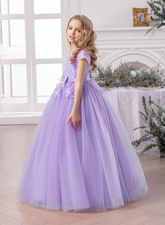 Take Two Girl Floral Lace Bow Detail Mesh Maxi Party Dress - Image 2