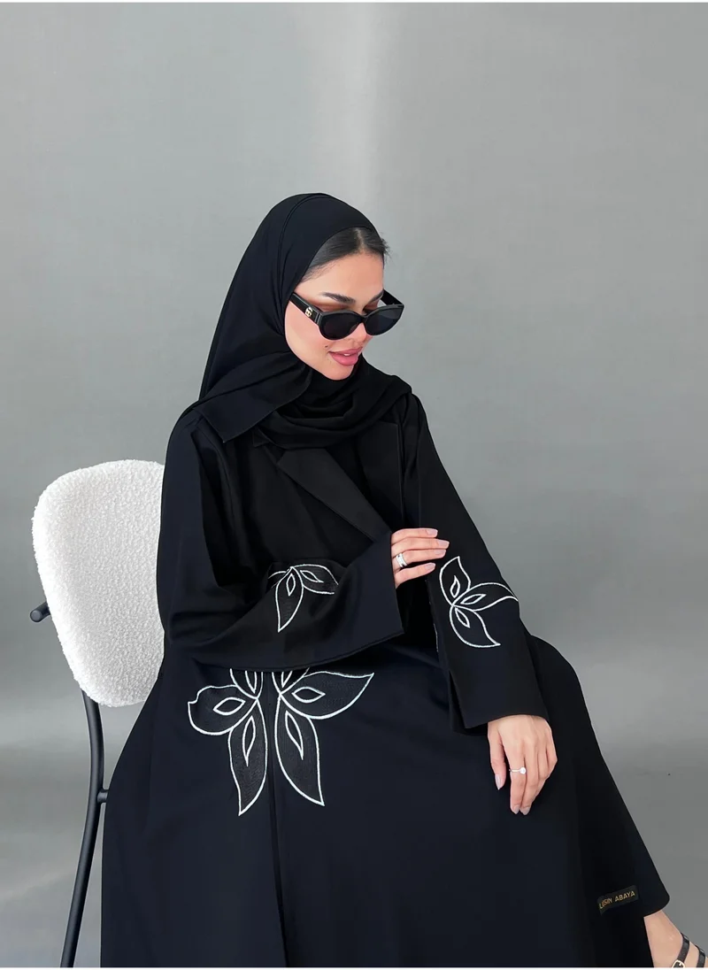 Lusin Abaya Elegant Black Blazer Abaya with White Floral Embroidery