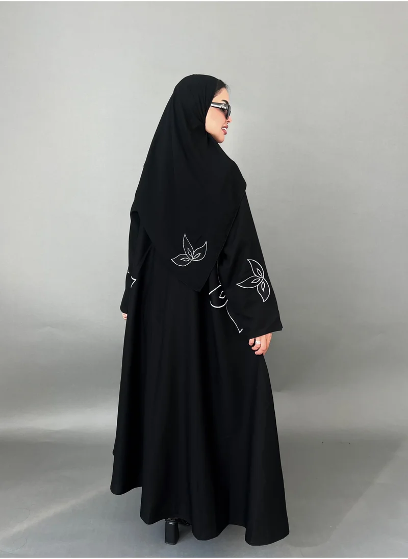 Lusin Abaya Elegant Black Blazer Abaya with White Floral Embroidery