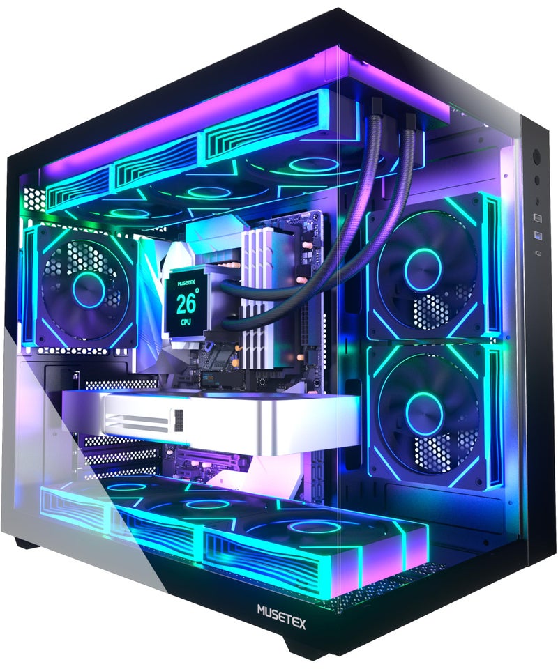 MUSETEX حافظة كمبيوتر MUSETEX ATX، 6 مروحة PWM ARGB مثبتة مسبقًا، دعم رادياتور 360 مم، حافظة كمبيوتر للألعاب Type-C، زجاج مقسى بزاوية رؤية كاملة 270°، حافظة كمبيوتر ATX سوداء، Y6 - Image 1