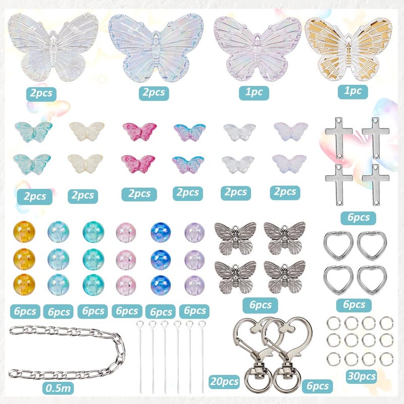 SUNNYCLUE 128Pcs Butterfly Keychain Making Kit Butterflies Beads Colorful Butterfly Bead Heart Butterfly Charms Acrylic Glass Spacer Beads for Keychains Making Women Adults DIY Crafts Supplies - Image 2