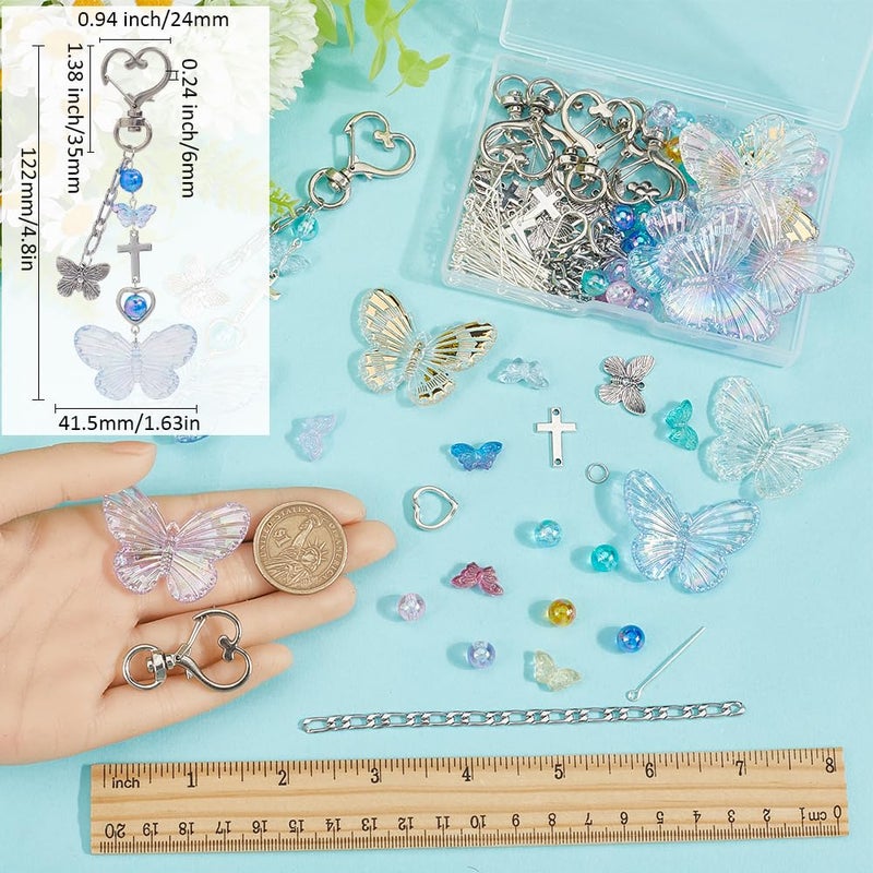 SUNNYCLUE 128Pcs Butterfly Keychain Making Kit Butterflies Beads Colorful Butterfly Bead Heart Butterfly Charms Acrylic Glass Spacer Beads for Keychains Making Women Adults DIY Crafts Supplies - Image 3