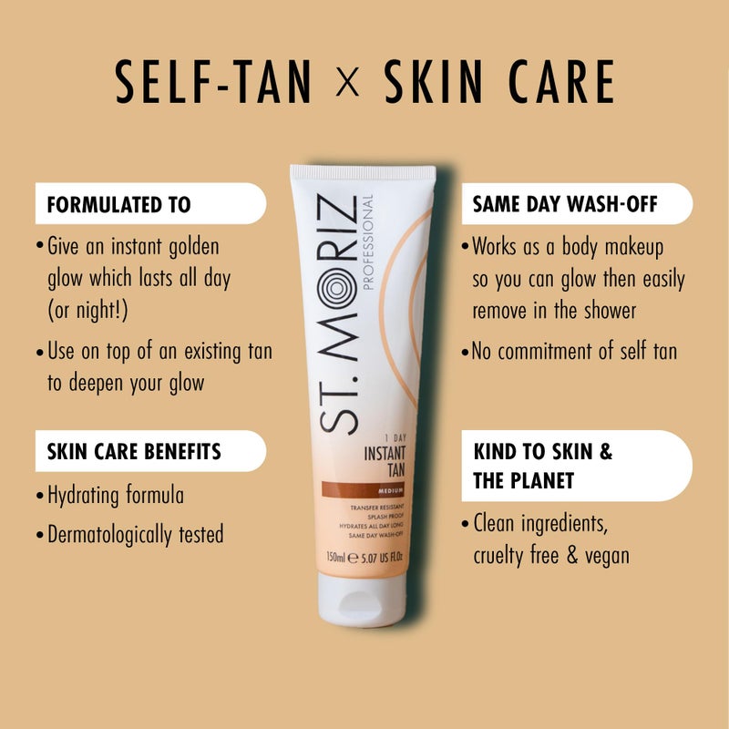 St. Moriz Professional Medium Instant Tan â€“ 1 Day Wash-Off Fake Tan Lotion with Aloe Vera & Vitamin E â€“ Fast-Drying, Transfer-Resistant, Vegan, 150ml - Image 2