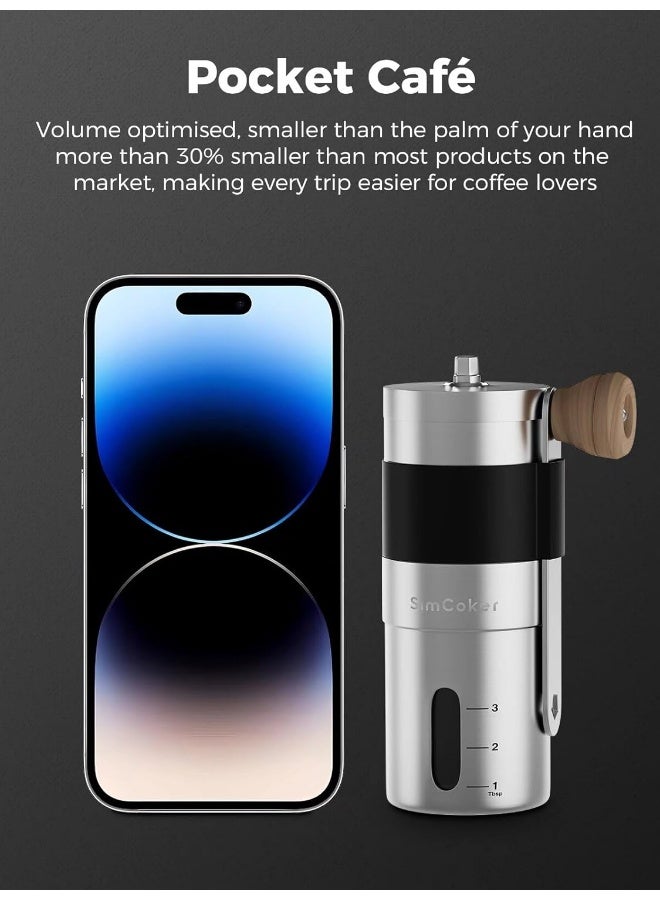 SimCoker Manual Coffee Grinder Ceramic Burrs Hand Coffee Grinder 304 Stainless Steel Compact size, Includes Cleaning Brush, Storage Pouch - Image 5