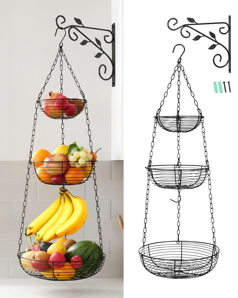 FANGSUN 3-Tier Hanging Fruit Basket for Kitchen Counter with Banana Hook, 36-Inch Heavy-Duty Wire Fruit Baskets with Leaf-Shaped Bracket for Kitchen Organizing Potato & Vegetable - Image 1