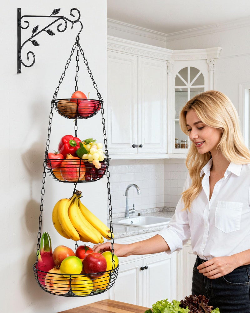 FANGSUN 3-Tier Hanging Fruit Basket for Kitchen Counter with Banana Hook, 36-Inch Heavy-Duty Wire Fruit Baskets with Leaf-Shaped Bracket for Kitchen Organizing Potato & Vegetable - Image 2