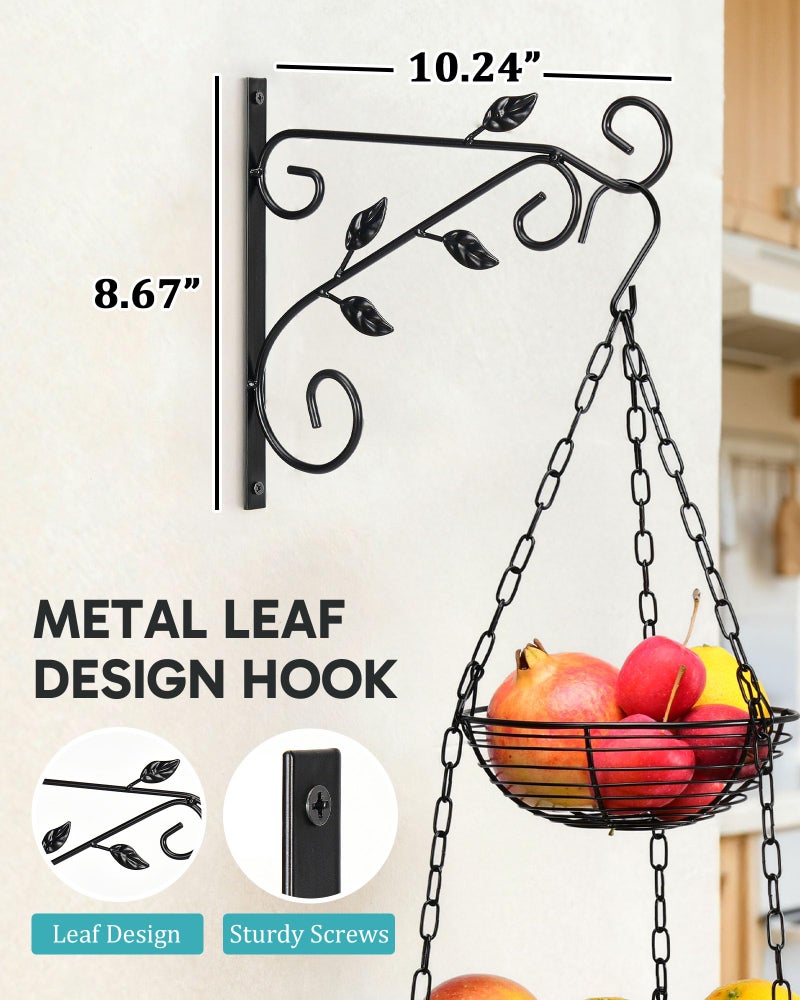 FANGSUN 3-Tier Hanging Fruit Basket for Kitchen Counter with Banana Hook, 36-Inch Heavy-Duty Wire Fruit Baskets with Leaf-Shaped Bracket for Kitchen Organizing Potato & Vegetable - Image 3