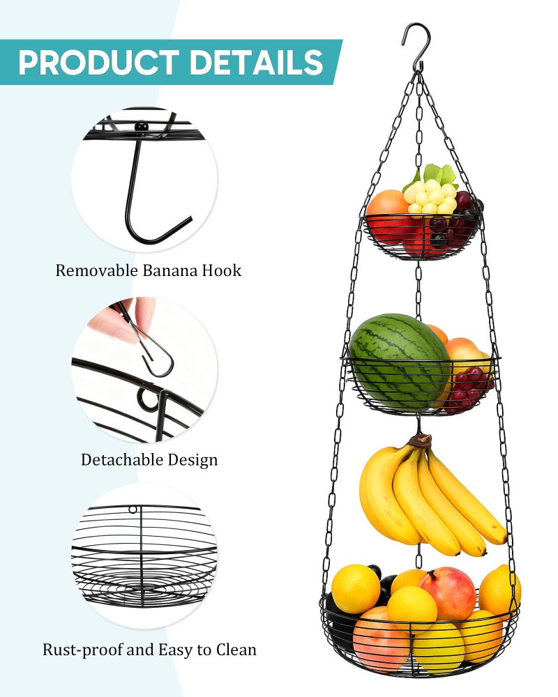 FANGSUN 3-Tier Hanging Fruit Basket for Kitchen Counter with Banana Hook, 36-Inch Heavy-Duty Wire Fruit Baskets with Leaf-Shaped Bracket for Kitchen Organizing Potato & Vegetable - Image 4