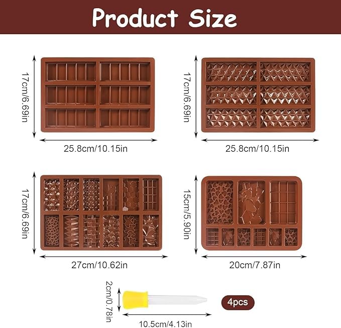 Husaini Mart HUSAINI MART 4 pcs Dubai Chocolate Bar Pistachio Kataifi Molds Chocolate Bar Molds Silicone Rectangle Knafeh Pistachio Chocolate Bar Break Apart Candy Bar Molds with 4 droppers  - Image 2