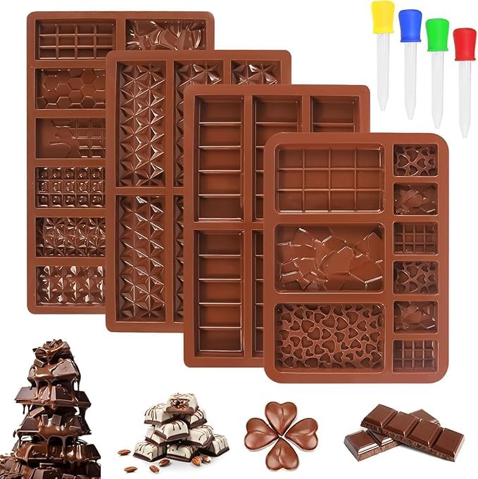 Husaini Mart HUSAINI MART 4 pcs Dubai Chocolate Bar Pistachio Kataifi Molds Chocolate Bar Molds Silicone Rectangle Knafeh Pistachio Chocolate Bar Break Apart Candy Bar Molds with 4 droppers  - Image 1