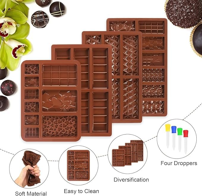 Husaini Mart HUSAINI MART 4 pcs Dubai Chocolate Bar Pistachio Kataifi Molds Chocolate Bar Molds Silicone Rectangle Knafeh Pistachio Chocolate Bar Break Apart Candy Bar Molds with 4 droppers  - Image 3