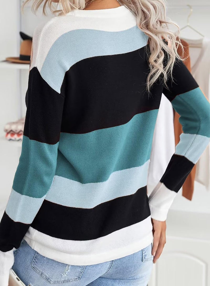 FEKOAFE Womens 2025 Fall Sweaters Trendy Causal Striped Color Block Crew Neck Long Sleeve Knitted Warm Sweaters Blue L - Image 3