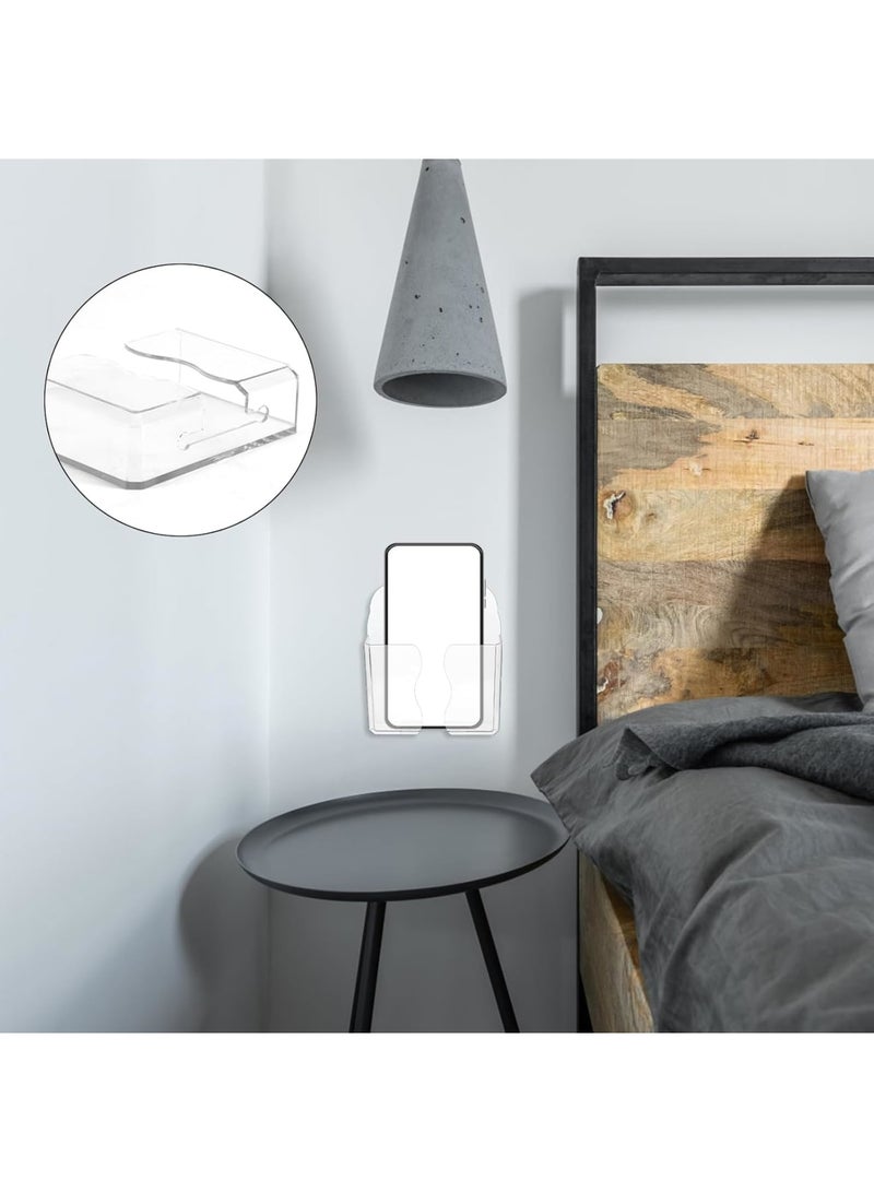 SYOSI Wall Mount Phone Holder, Punch-Free Wall-Mounted Mobile Stand, Storage Box for Phones and Remote Controls, Multipurpose Bedside Organizer, Lazy Mobile Rack for Bedroom (Clear, 2 Pack) - Image 3
