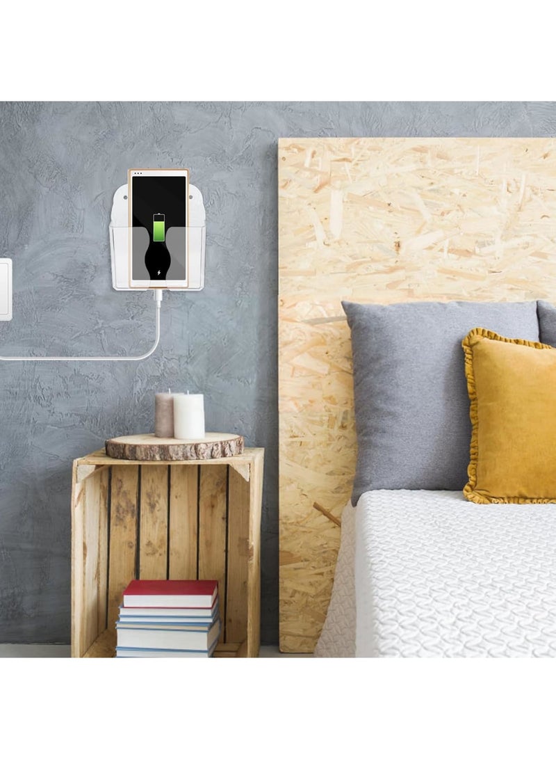 SYOSI Wall Mount Phone Holder, Punch-Free Wall-Mounted Mobile Stand, Storage Box for Phones and Remote Controls, Multipurpose Bedside Organizer, Lazy Mobile Rack for Bedroom (Clear, 2 Pack) - Image 4