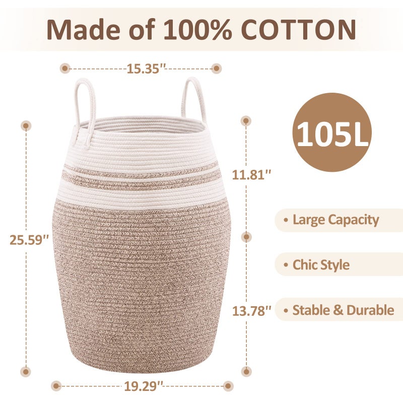 YOUDENOVA Cotton Rope Laundry Hamper by YOUDENOVA, 105L - Woven Collapsible Laundry Basket - Clothes Storage Basket for Blankets organizing, Bedroom Storage, Clothes Hamper - Brown - Image 5