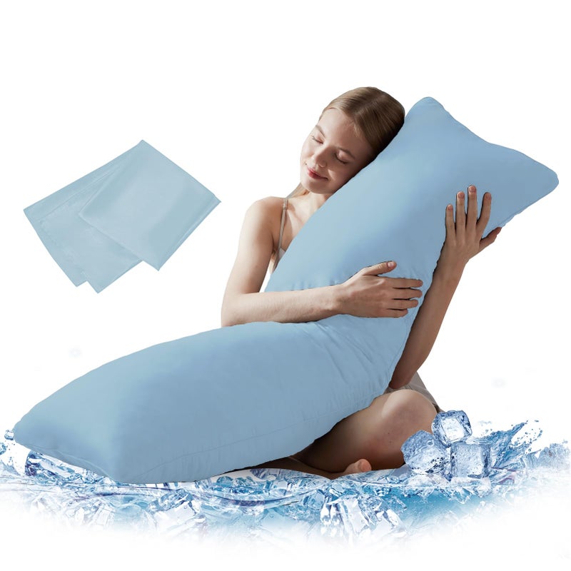 DOWNCOOL Large Body Pillow Insert with Cooling Cover Soft Long Bed Pillow for Summer Breathable Full Body Pillow for Adults 20x54 inch Blue with Cover