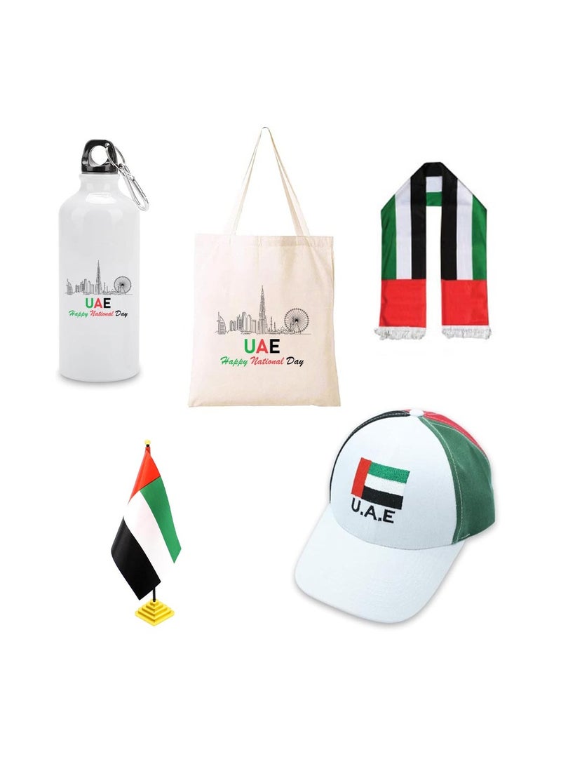 UAE Celebration Day Pack Of 5 Combo Gift Set-Includes Cotton Bag,Scarf,Table Flag,Water Flask Bottle,Stylish Cap-Perfect For UAE Celebration Day - Image 1