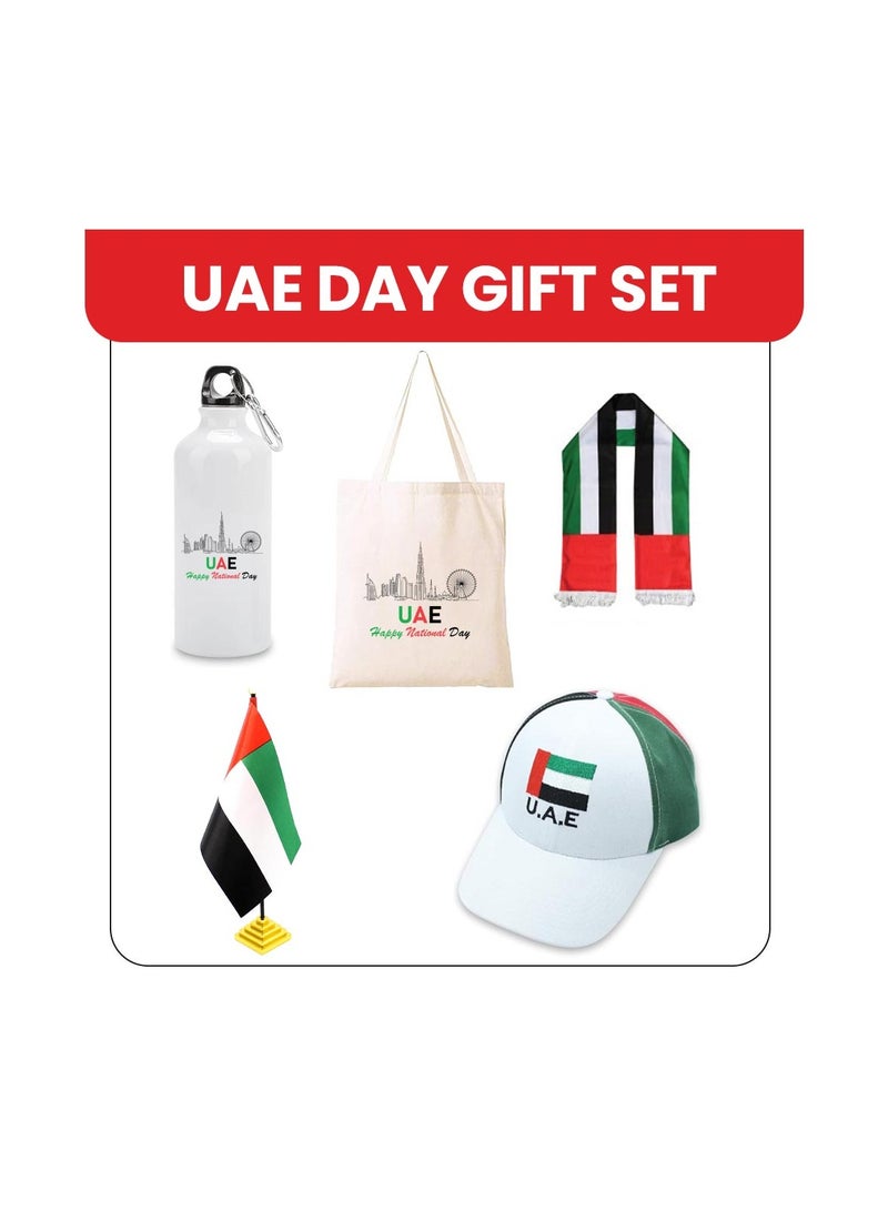 UAE Celebration Day Pack Of 5 Combo Gift Set-Includes Cotton Bag,Scarf,Table Flag,Water Flask Bottle,Stylish Cap-Perfect For UAE Celebration Day - Image 2