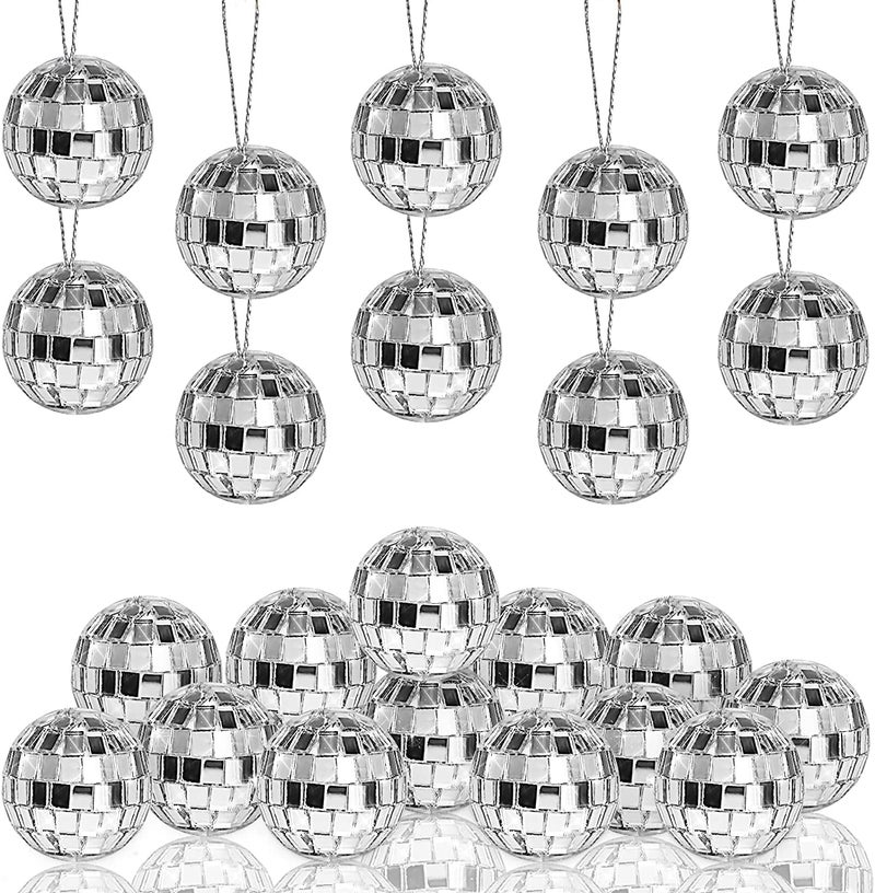 Morofme Disco Ball Pack of 20 Silver Hanging Mirror Disco Balls Silver Mini Disco Balls Ornaments Reflective Mirror Ball Cake Decoration with Rope Christmas Tree Wedding