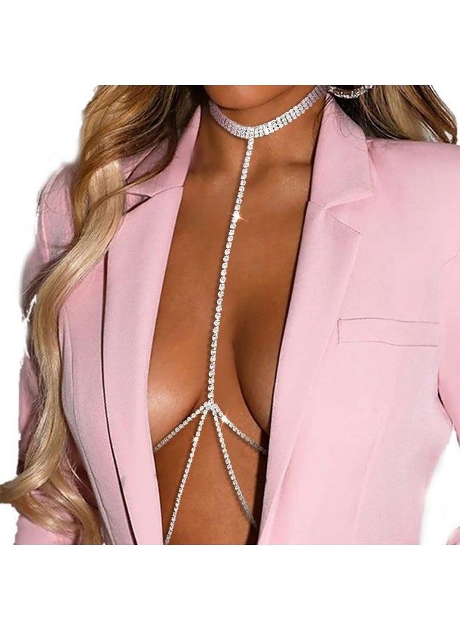 Woeoe - Sparkly Rhinestone Bra Chain Silver Crystal Chest Chains Sexy Nightclub Beach Party Rave Body Chain For Women And Girls - Image 1