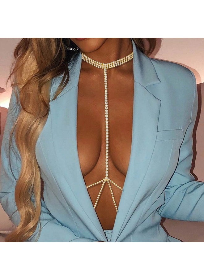 Woeoe - Sparkly Rhinestone Bra Chain Silver Crystal Chest Chains Sexy Nightclub Beach Party Rave Body Chain For Women And Girls - Image 1