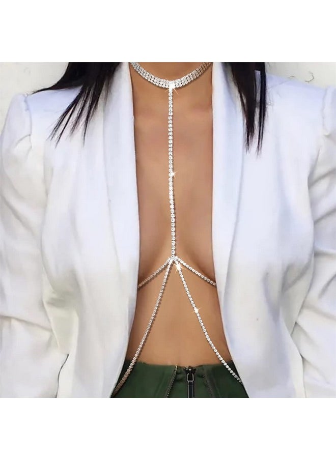 Woeoe - Sparkly Rhinestone Bra Chain Silver Crystal Chest Chains Sexy Nightclub Beach Party Rave Body Chain For Women And Girls - Image 1