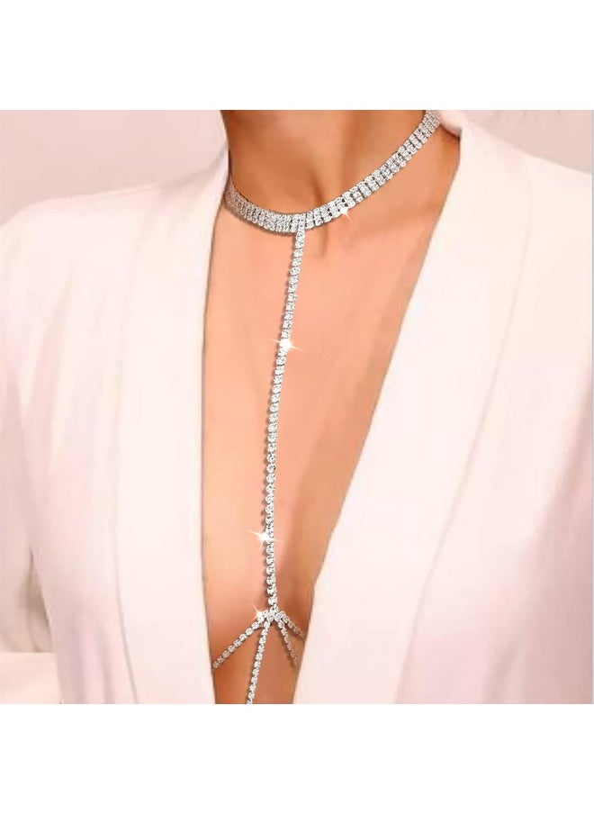 Woeoe - Sparkly Rhinestone Bra Chain Silver Crystal Chest Chains Sexy Nightclub Beach Party Rave Body Chain For Women And Girls - Image 1