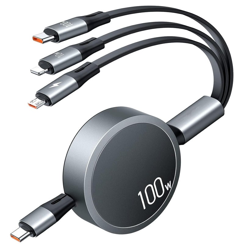 Azonee Multi Charging Cable [Travel Companion] 100W Retractable Charging Cable, 3in1 Charging Cable Multiple, with Type C/Micro USB/IP for Samsung S23 S22 S21, Phone 14 13 12, Pad Pro, Mac (4ft) - Image 1