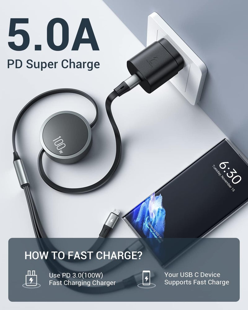 Azonee Multi Charging Cable [Travel Companion] 100W Retractable Charging Cable, 3in1 Charging Cable Multiple, with Type C/Micro USB/IP for Samsung S23 S22 S21, Phone 14 13 12, Pad Pro, Mac (4ft) - Image 5