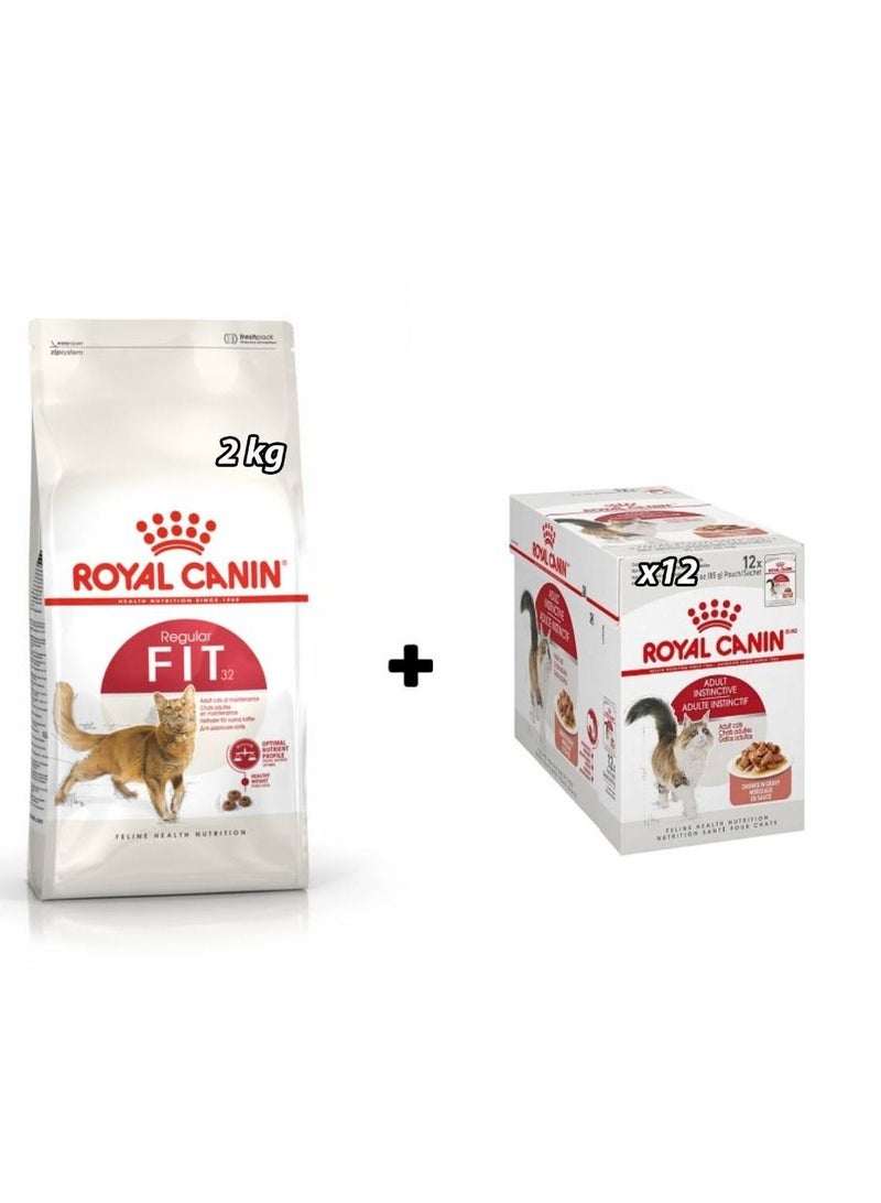 Royal Canin - Feline Health Nutrition Fit 32 Cat Food 2kg & Instinctive Adult Cats Gravy (WET FOOD - Pouches) 12x85g Bundle Pack - Image 1