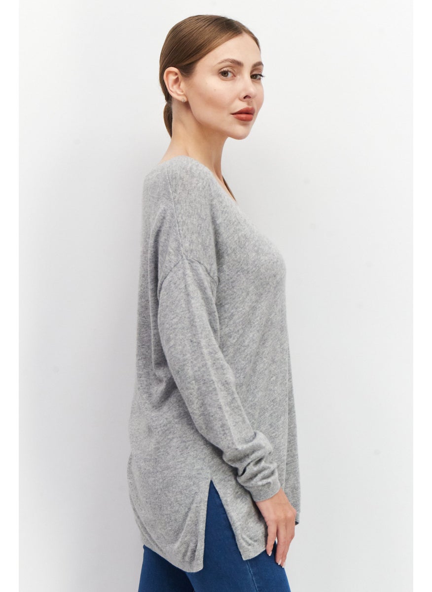 ESPRIT Women V-Neck Long Sleeve Textured Sweater, Grey Heather  - Image 3