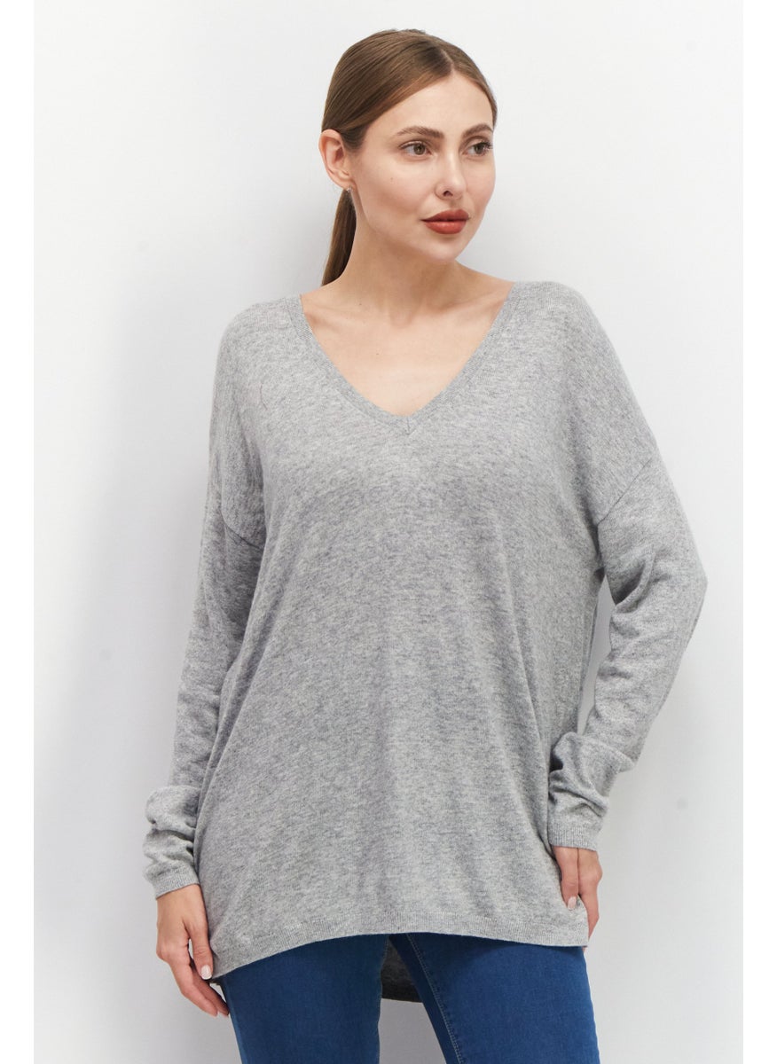 ESPRIT Women V-Neck Long Sleeve Textured Sweater, Grey Heather  - Image 1